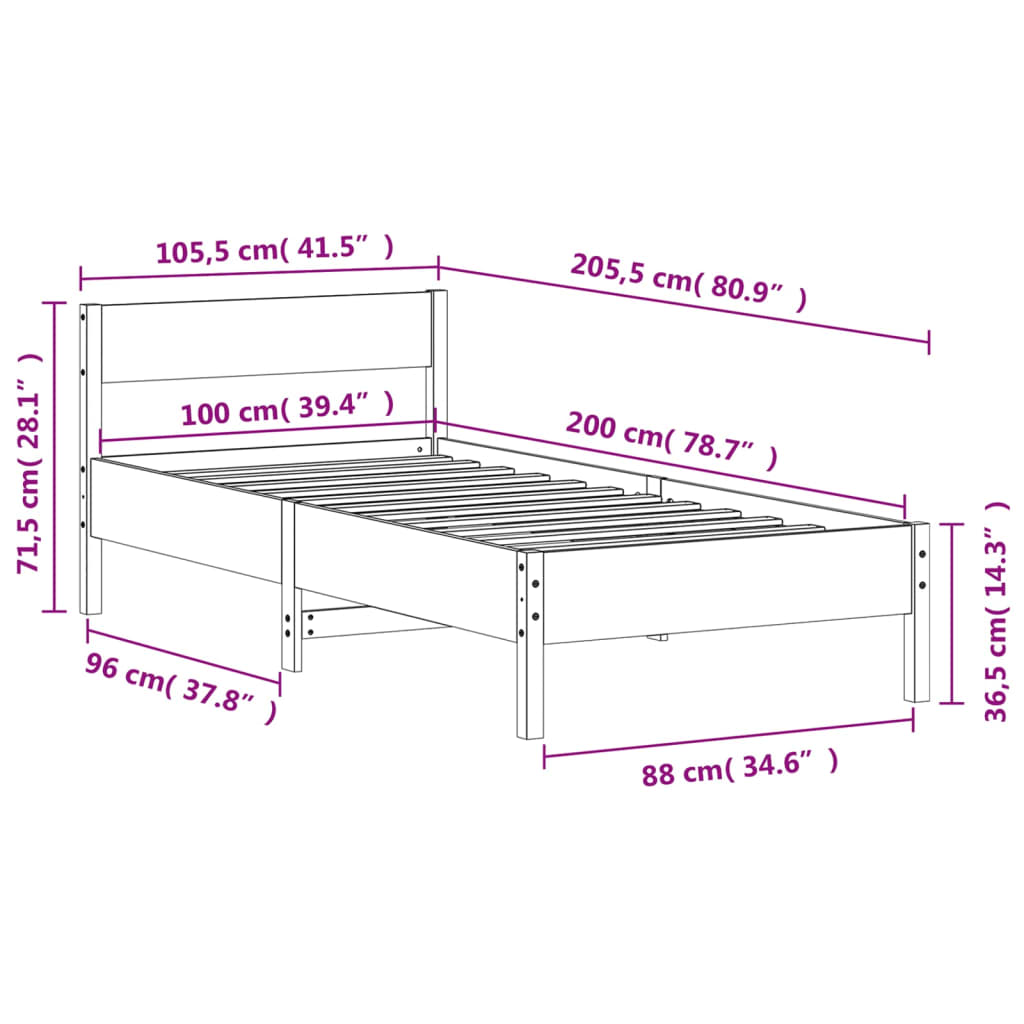 Bed Frame with Headboard 100x200 cm Solid Wood Pine