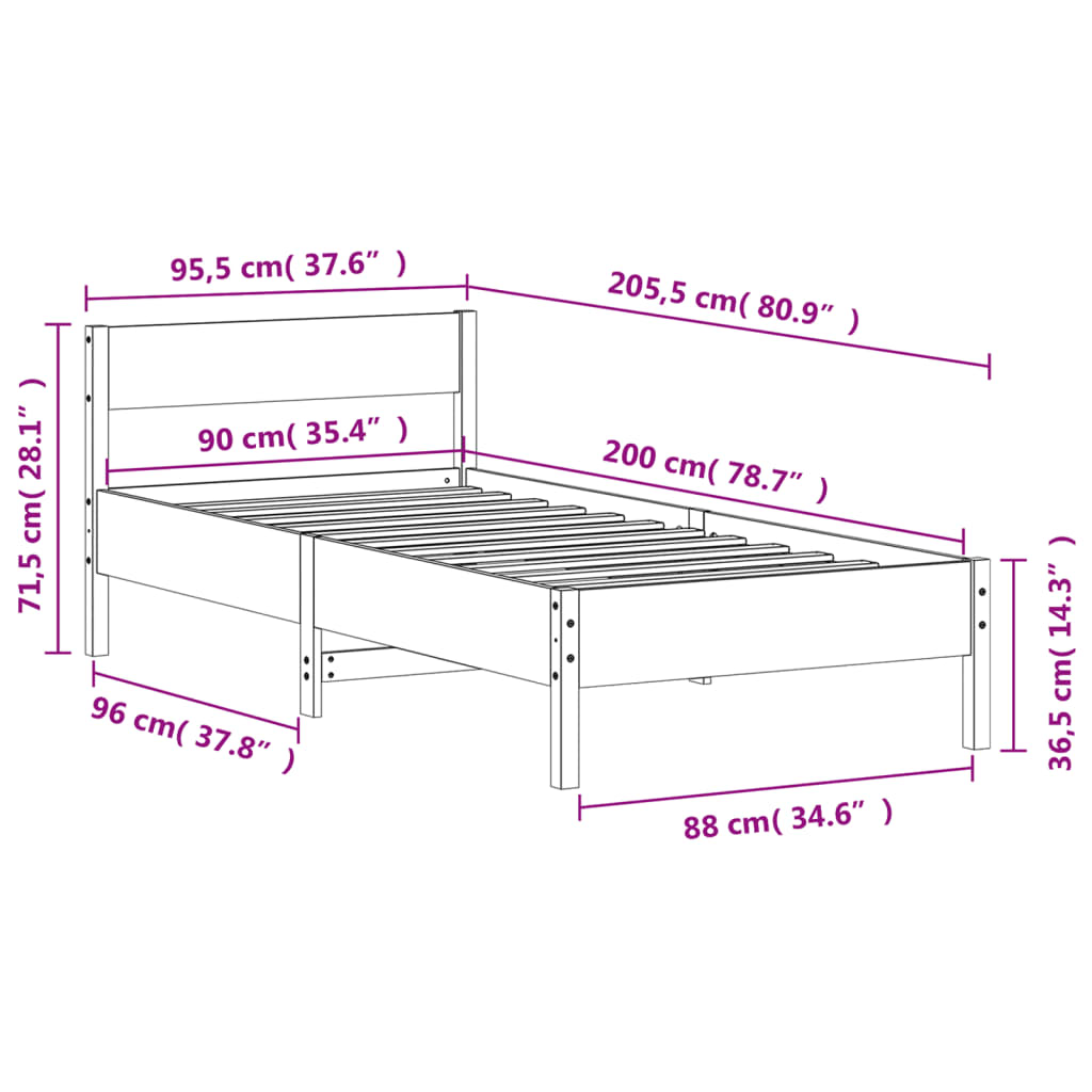 Bed Frame with Headboard 90x200 cm Solid Wood Pine