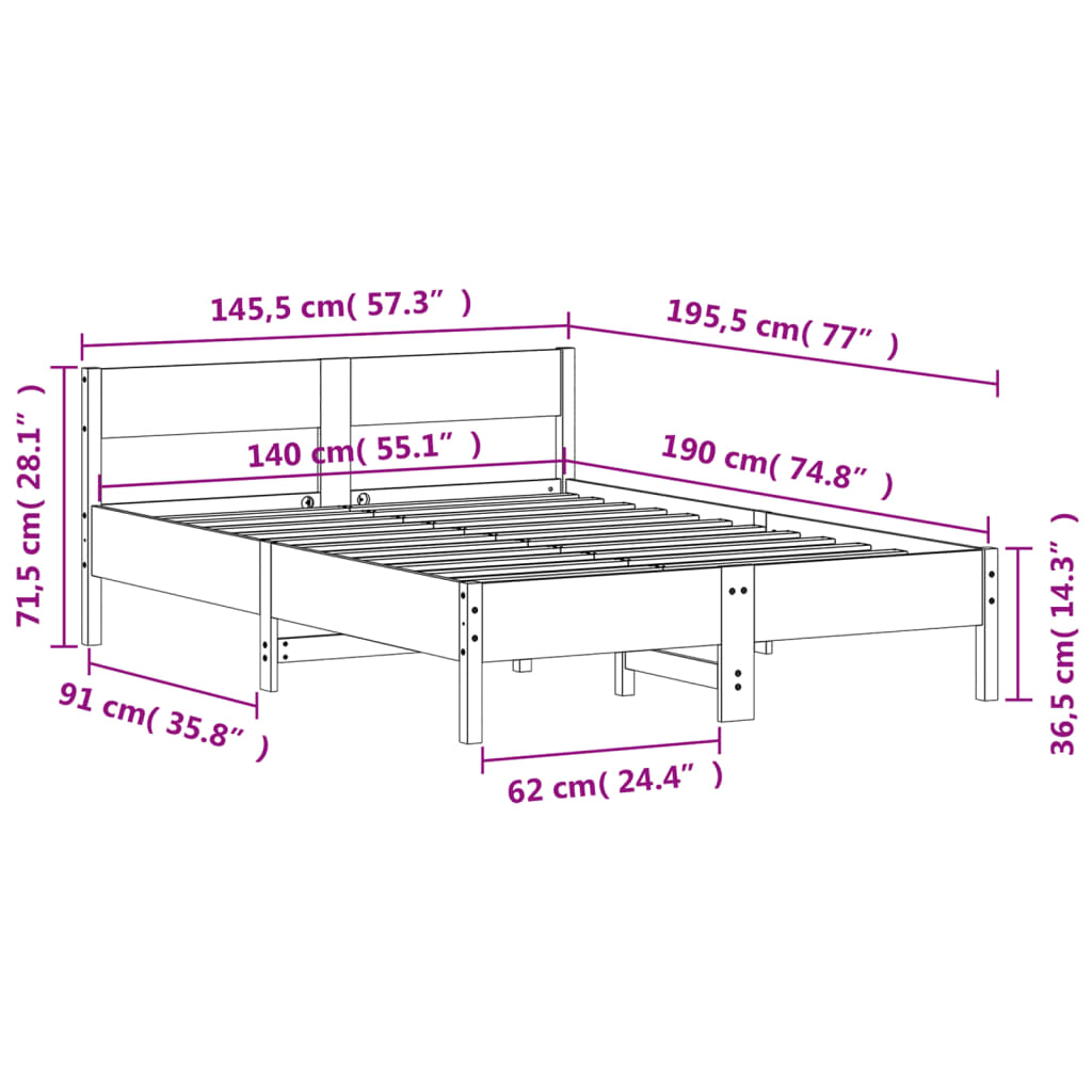 Bed Frame with Headboard Wax Brown 140x190 cm Solid Wood Pine