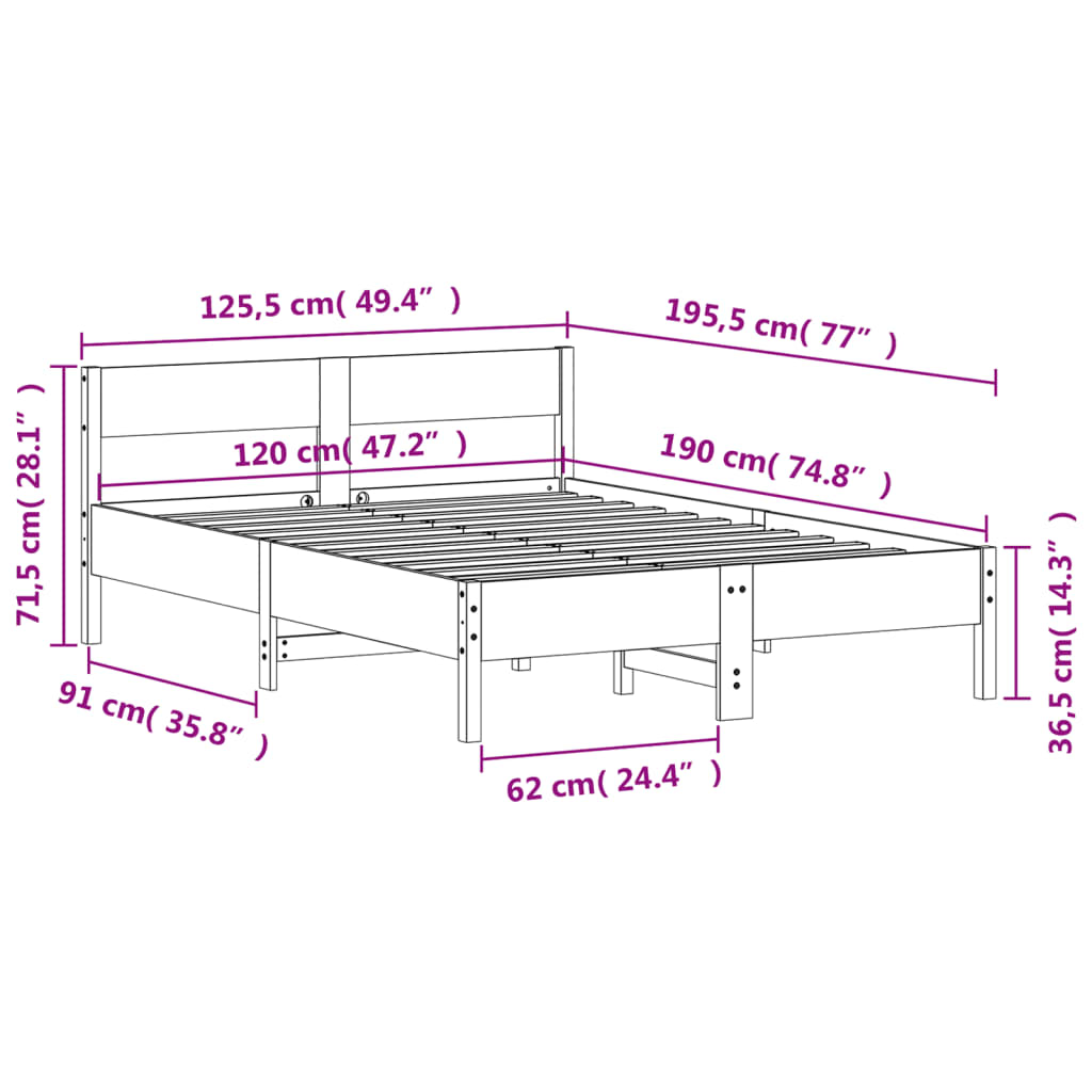 Bed Frame with Headboard White 120x190 cm Small Double Solid Wood Pine