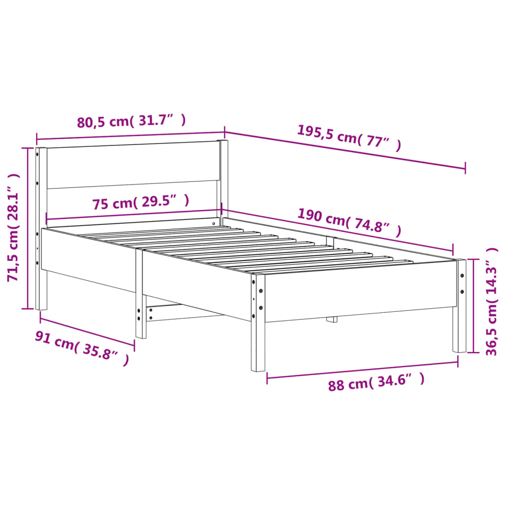 Bed Frame with Headboard White 75x190 cm Small Single Solid Wood Pine