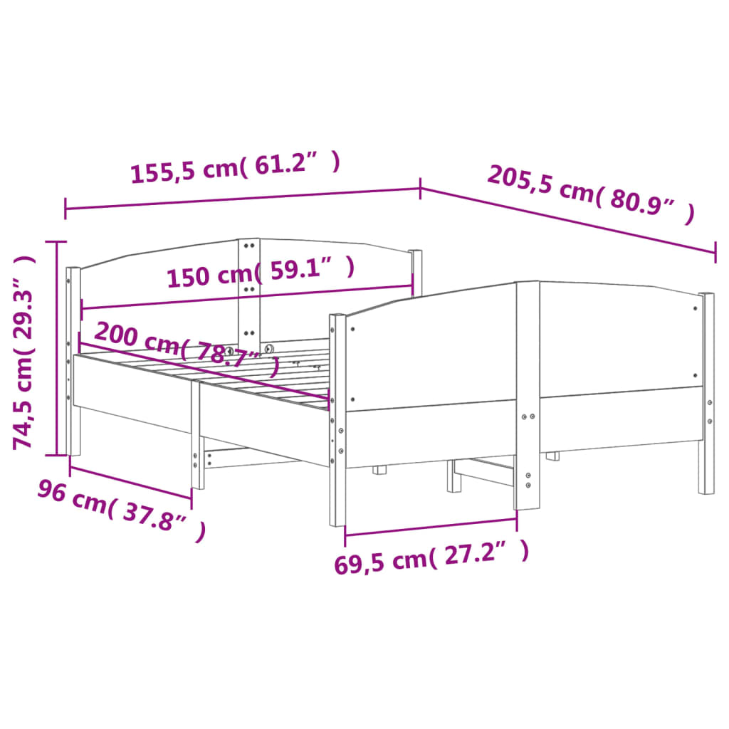 Bed Frame with Headboard White 150x200 cm King Size Solid Wood Pine