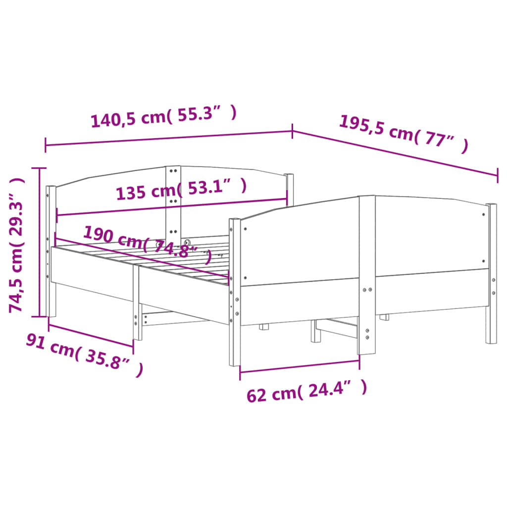 Bed Frame with Headboard White 135x190 cm Double Solid Wood Pine