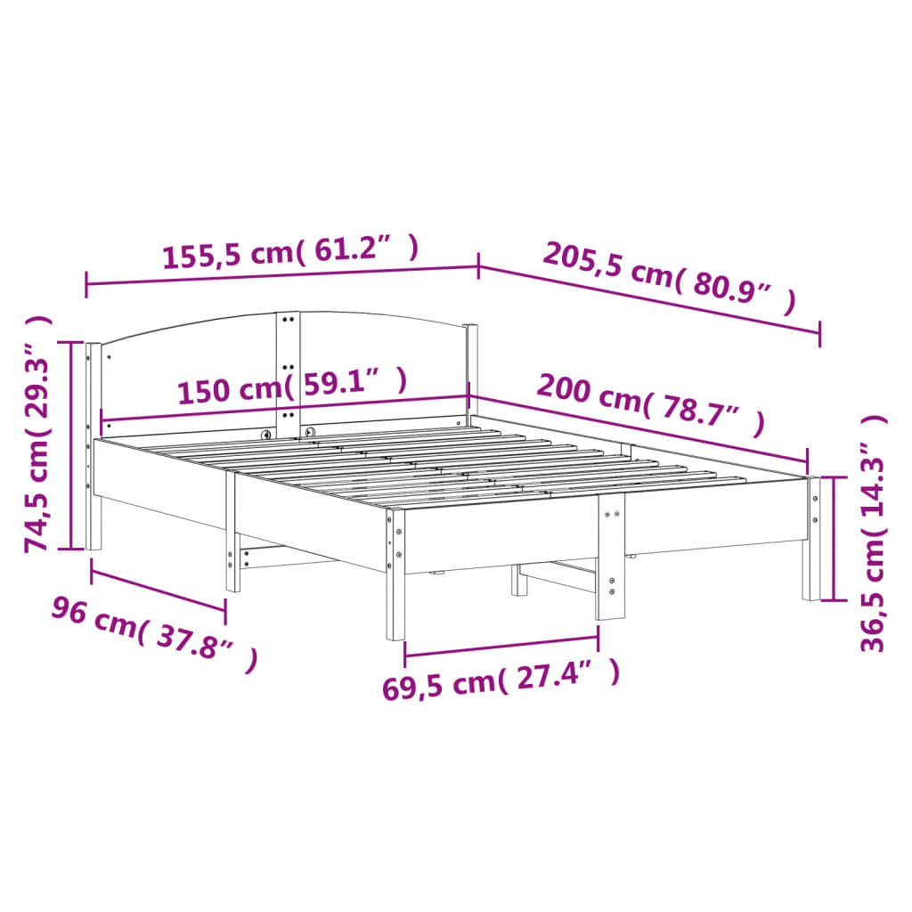 Bed Frame with Headboard 150x200 cm King Size Solid Wood Pine