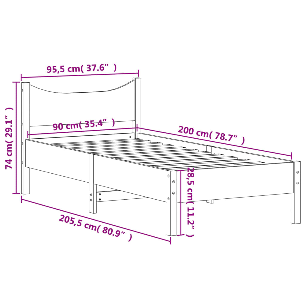 Bed Frame 90x200 cm Solid Wood Pine