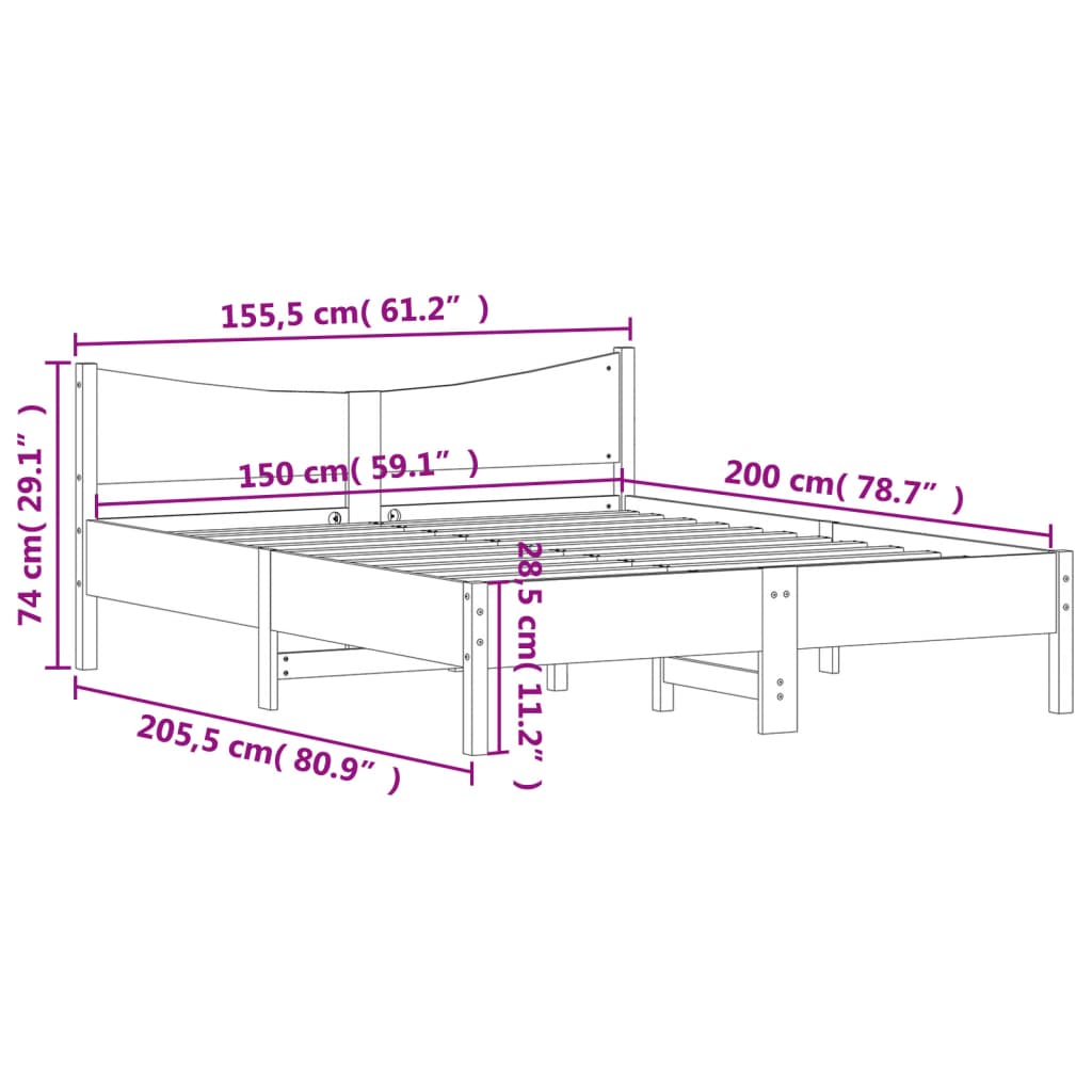 Bed Frame without Mattress 150x200 cm King Size Solid Wood Pine