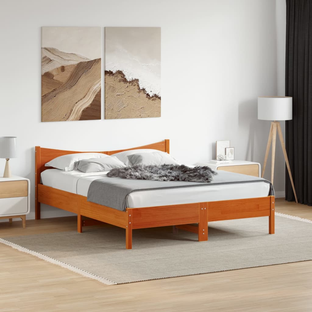 Bed Frame with Headboard Wax Brown 150x200 cm King Size Solid Wood Pine