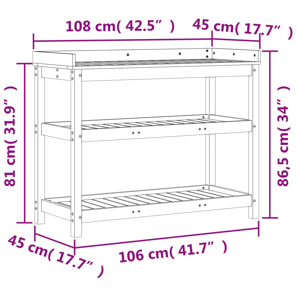 Potting Table with Shelves White 108x45x86.5 cm Solid Wood Pine