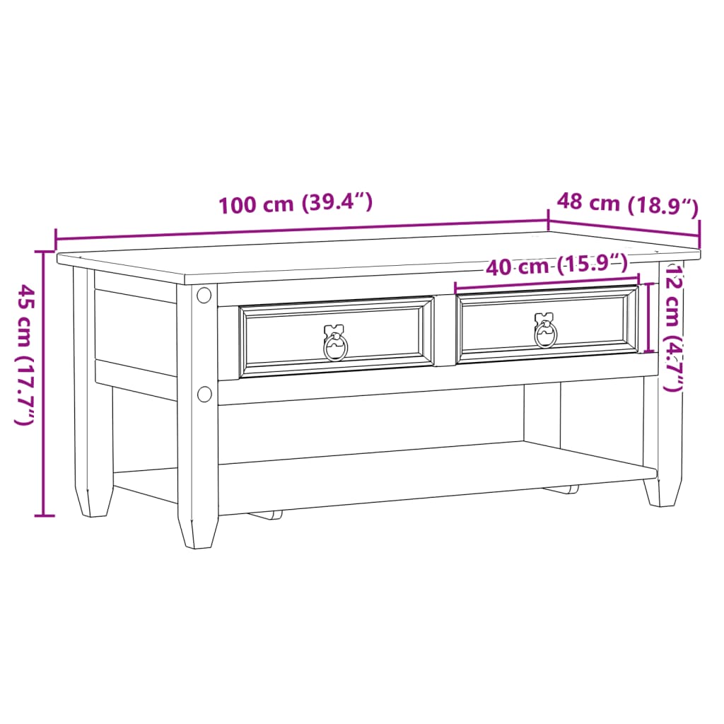 Coffee Table with Drawers Corona 100x48x45 cm Solid Wood Pine