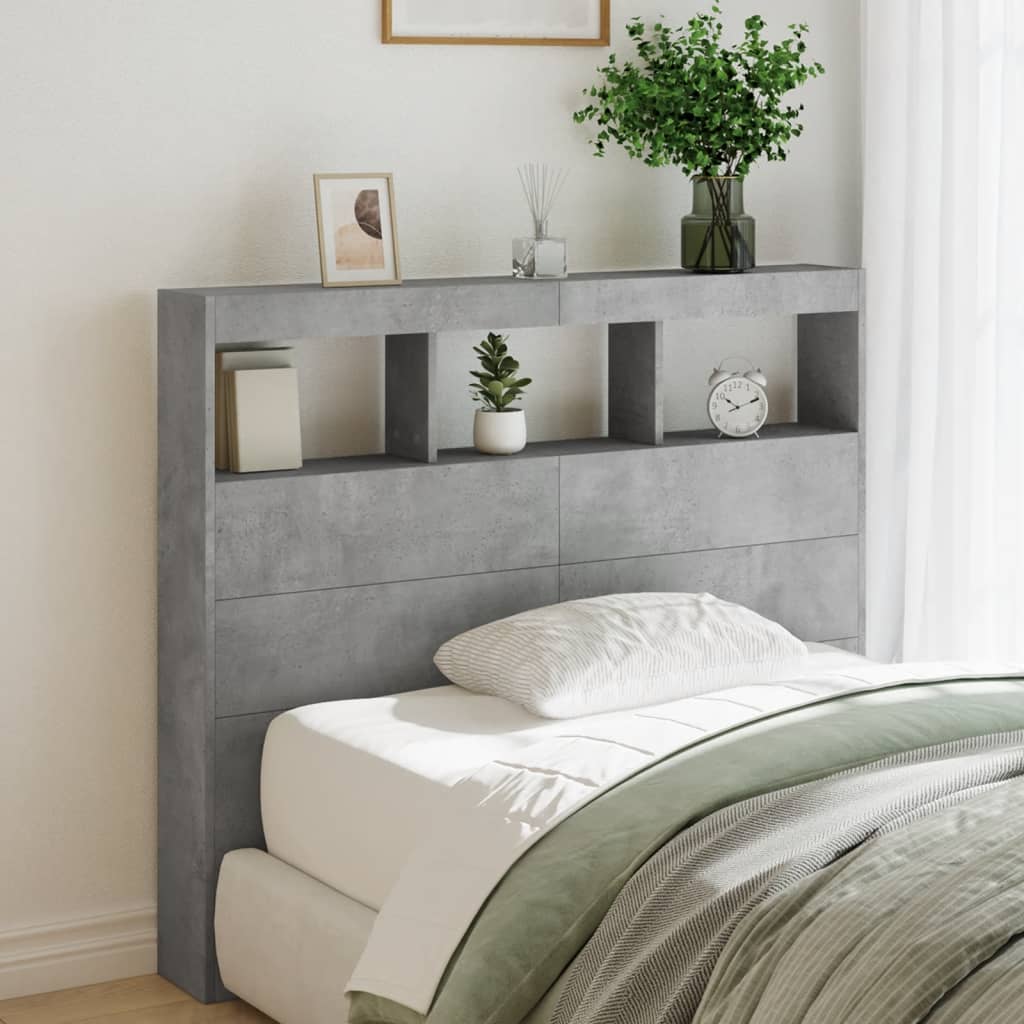 Headboard Cabinet with LED Concrete Grey 120x17x102 cm