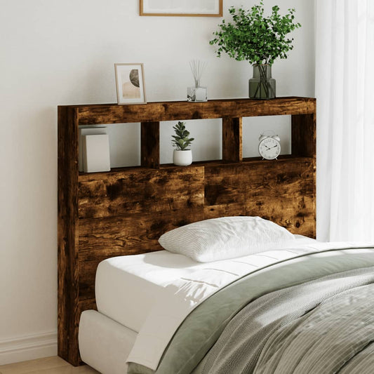 Headboard Cabinet with LED Smoked Oak 120x17x102 cm