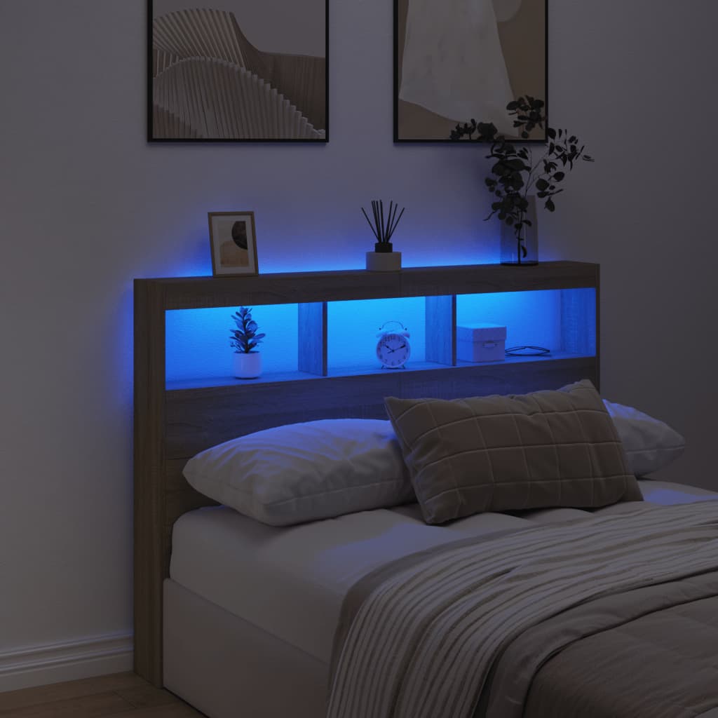 Headboard Cabinet with LED Sonoma Oak 140x17x102 cm