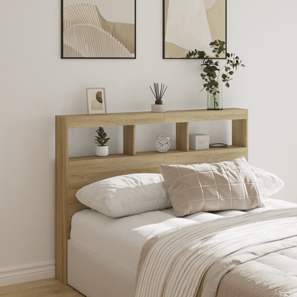 Headboard Cabinet with LED Sonoma Oak 140x17x102 cm