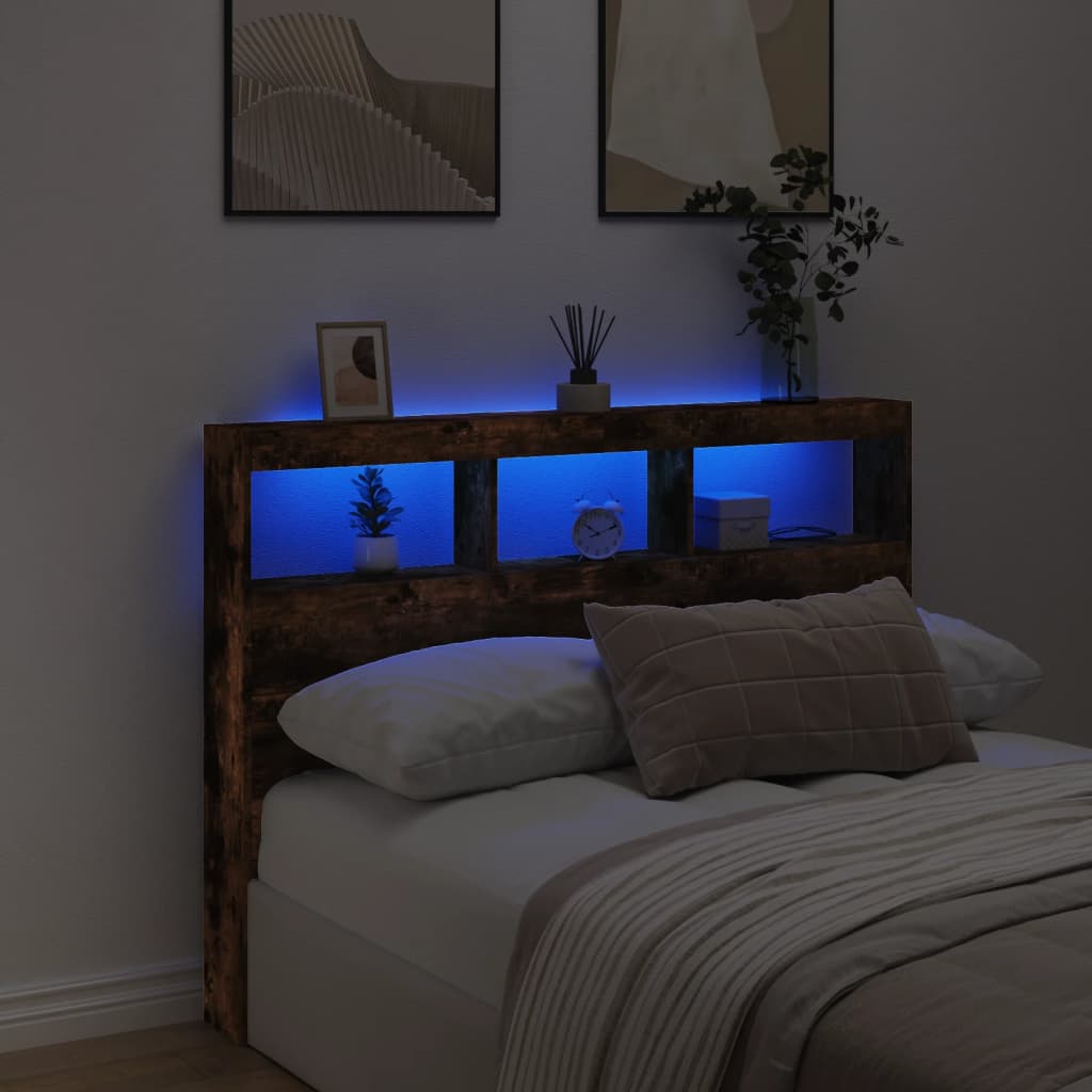 Headboard Cabinet with LED Smoked Oak 140x17x102 cm