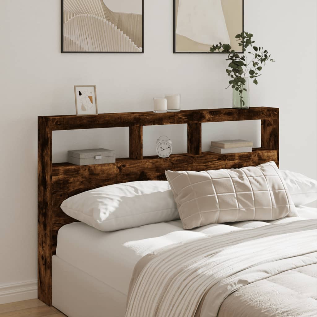 Headboard Cabinet with LED Smoked Oak 160x17x102 cm