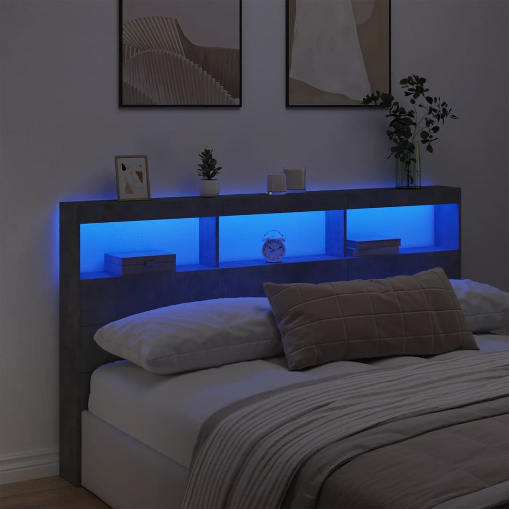 Headboard Cabinet with LED Concrete Grey 180x17x102 cm