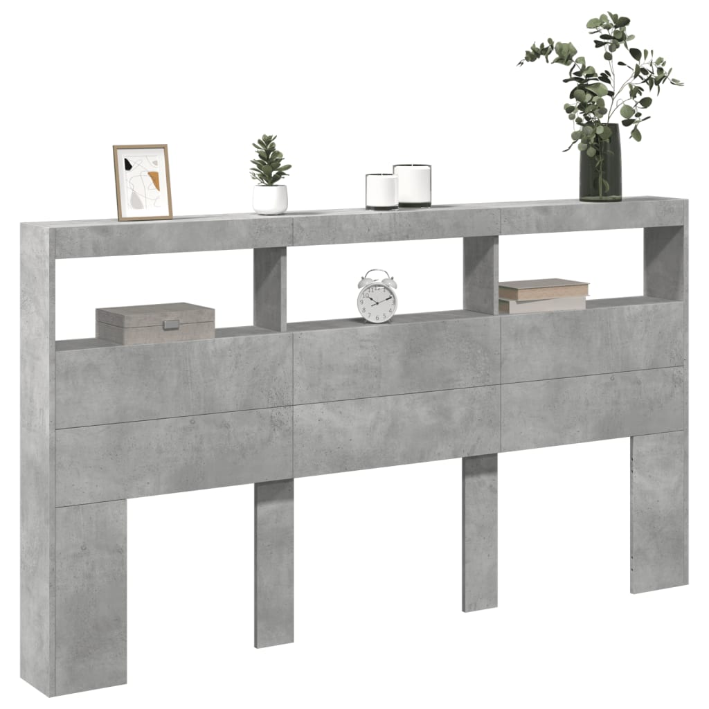 Headboard Cabinet with LED Concrete Grey 180x17x102 cm