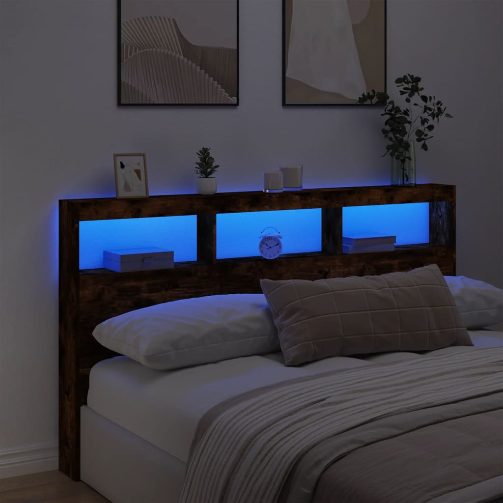 Headboard Cabinet with LED Smoked Oak 180x17x102 cm