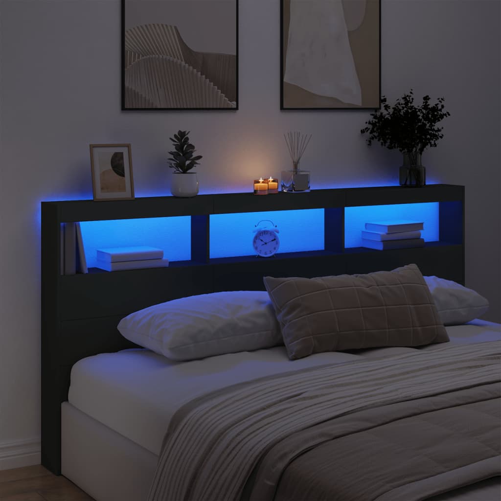 Headboard Cabinet with LED Black 200x17x102 cm