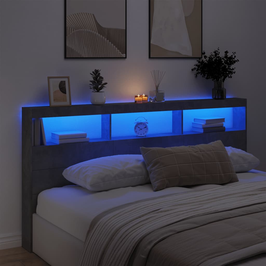 Headboard Cabinet with LED Concrete Grey 200x17x102 cm