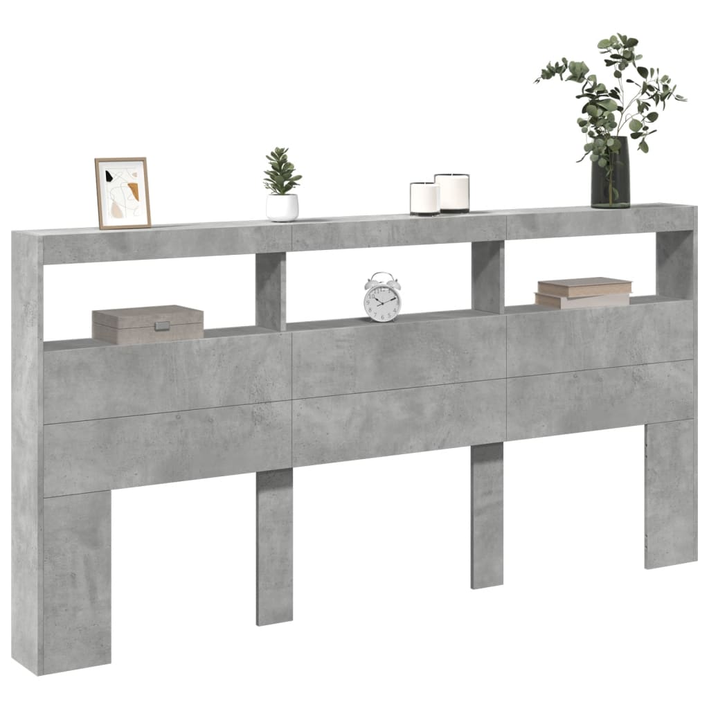 Headboard Cabinet with LED Concrete Grey 200x17x102 cm