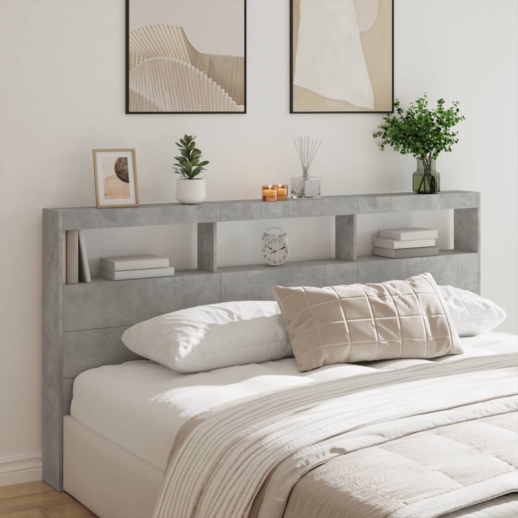 Headboard Cabinet with LED Concrete Grey 200x17x102 cm