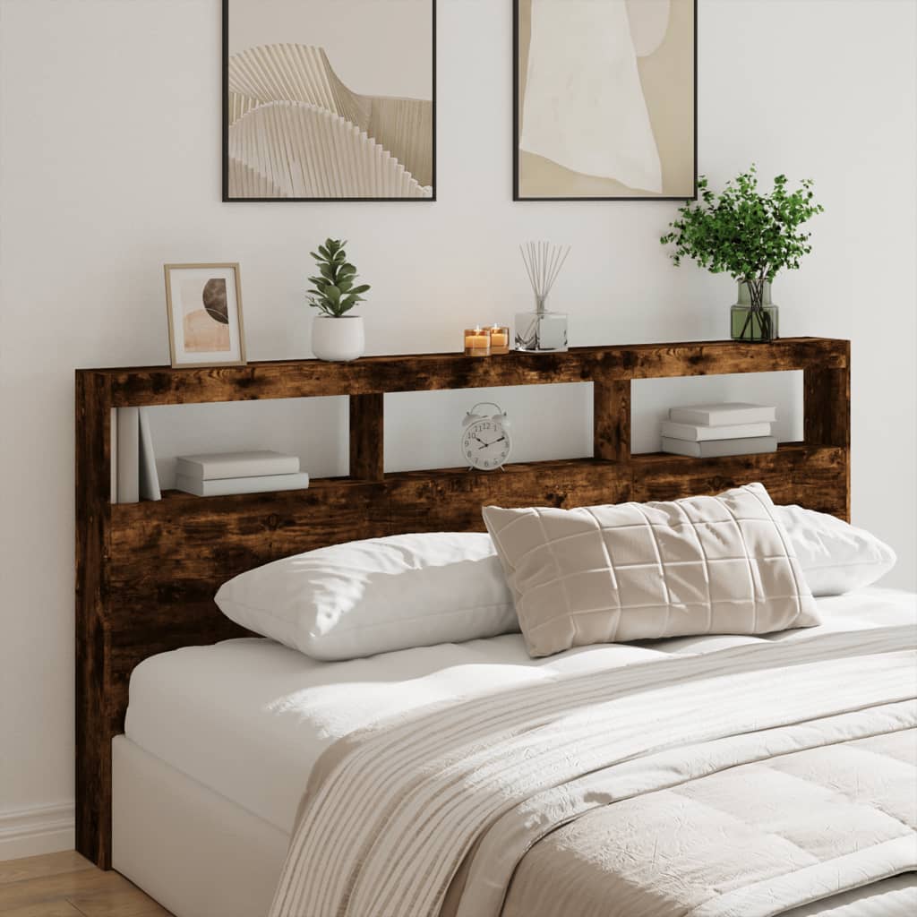 Headboard Cabinet with LED Smoked Oak 200x17x102 cm