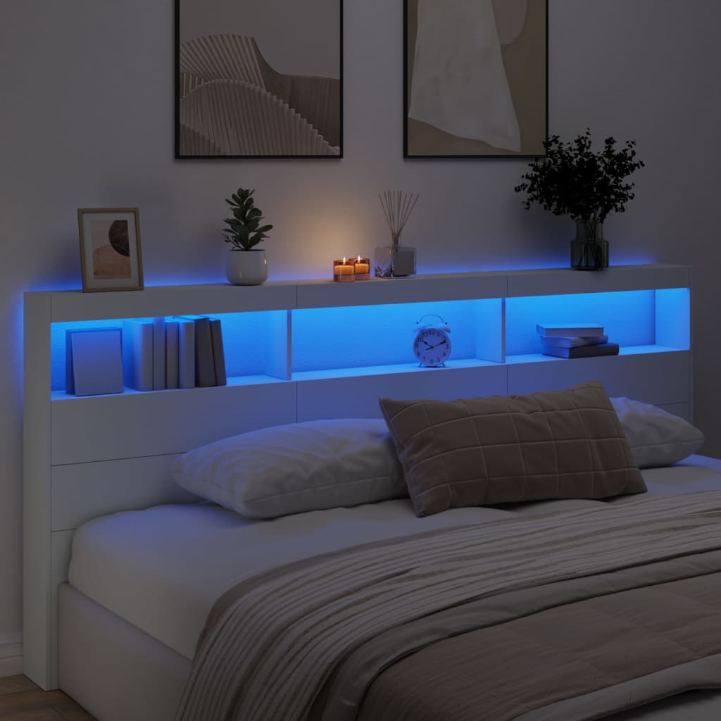 Headboard Cabinet with LED White 220x17x102 cm