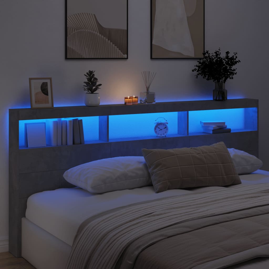 Headboard Cabinet with LED Concrete Grey 220x17x102 cm