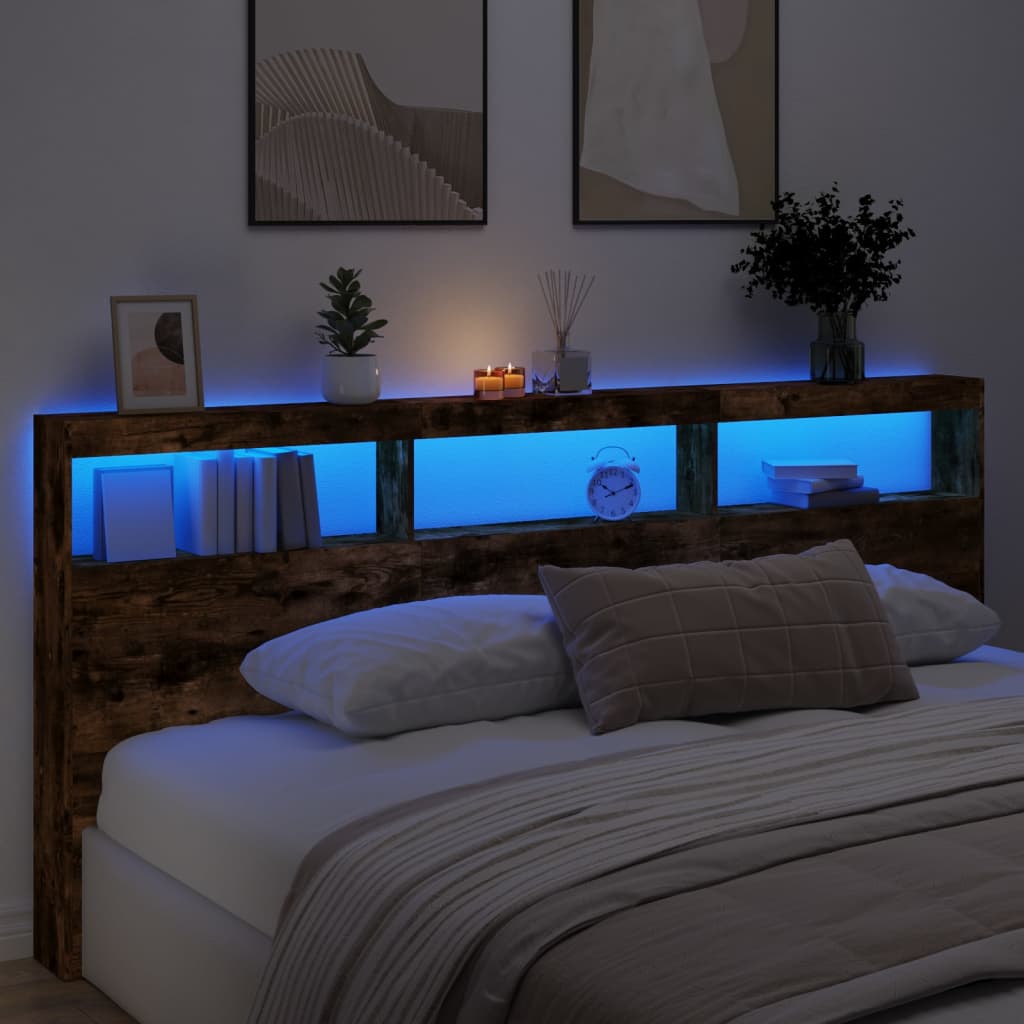 Headboard Cabinet with LED Smoked Oak 220x17x102 cm