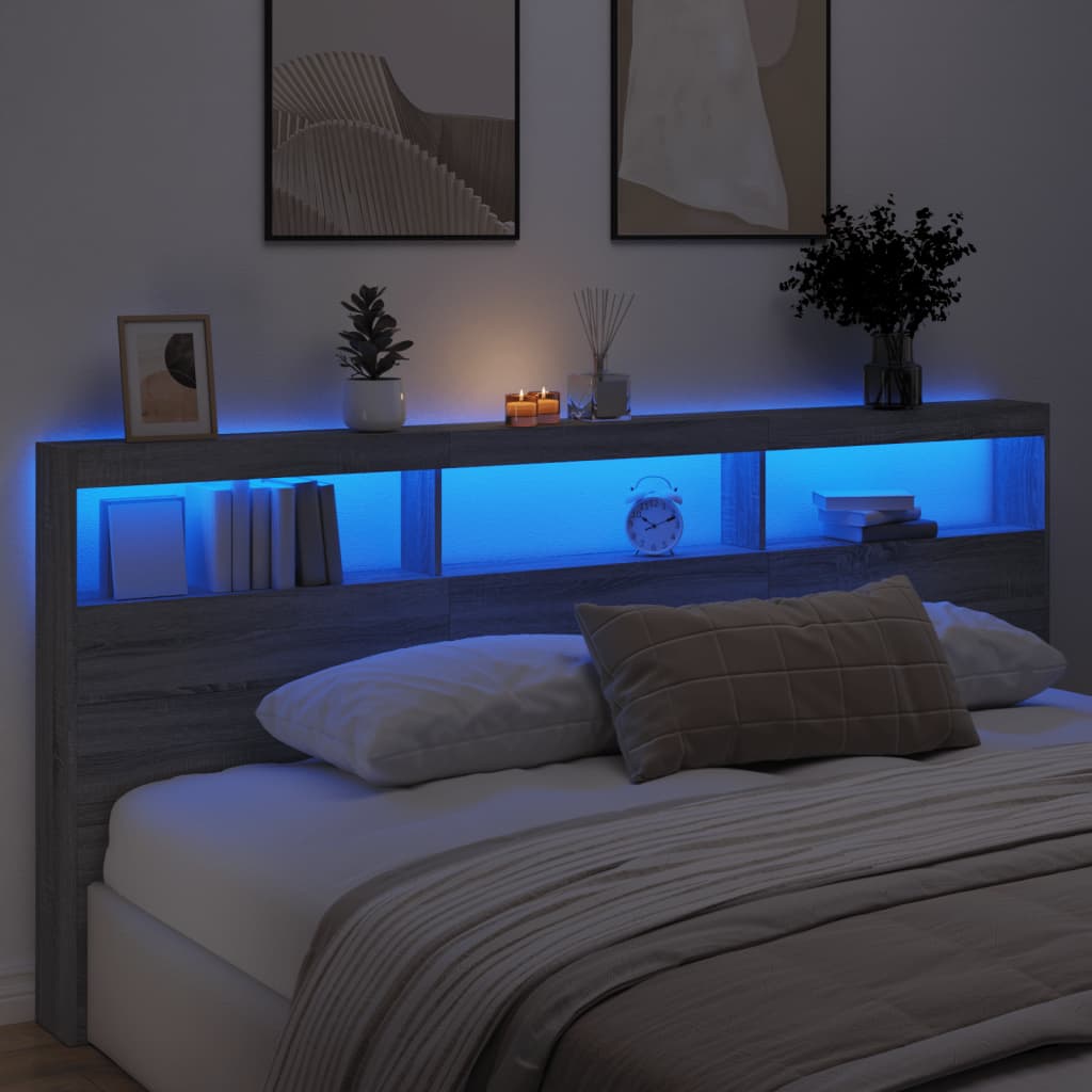 Headboard Cabinet with LED Grey Sonoma 220x17x102 cm