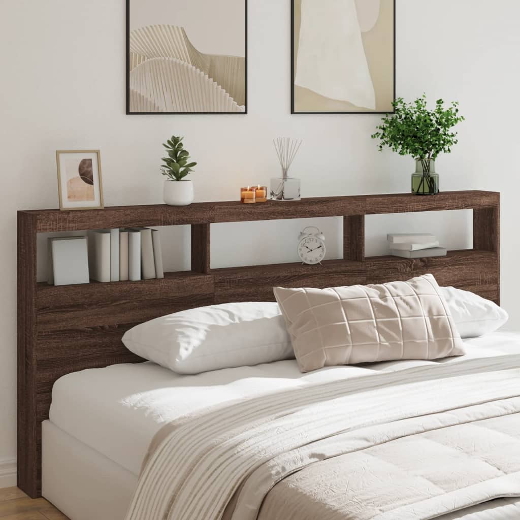 Headboard Cabinet with LED Brown Oak 220x17x102 cm