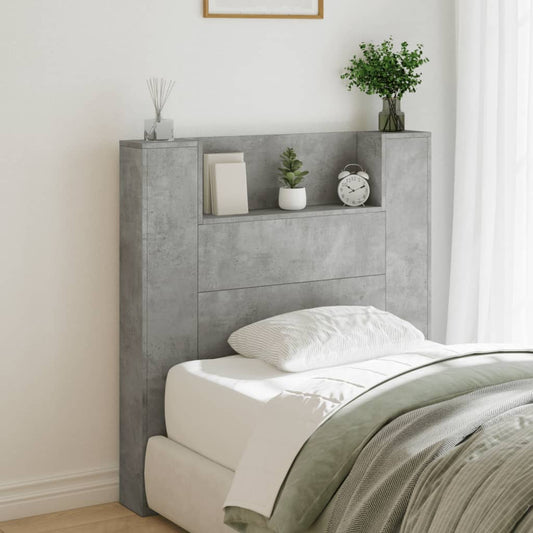 Headboard Cabinet with LED Concrete Grey 100x16.5x103.5 cm