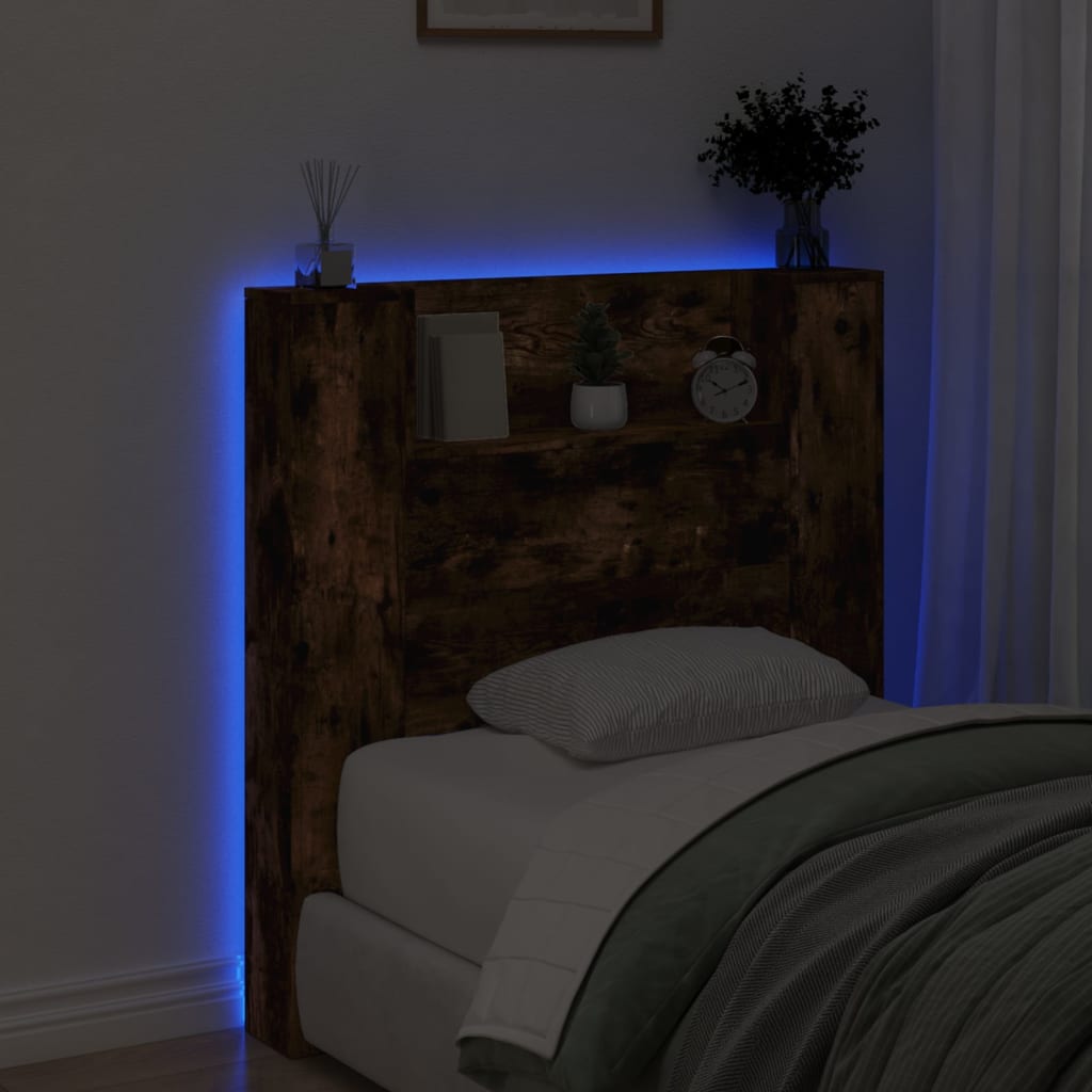 Headboard Cabinet with LED Smoked Oak 100x16.5x103.5 cm