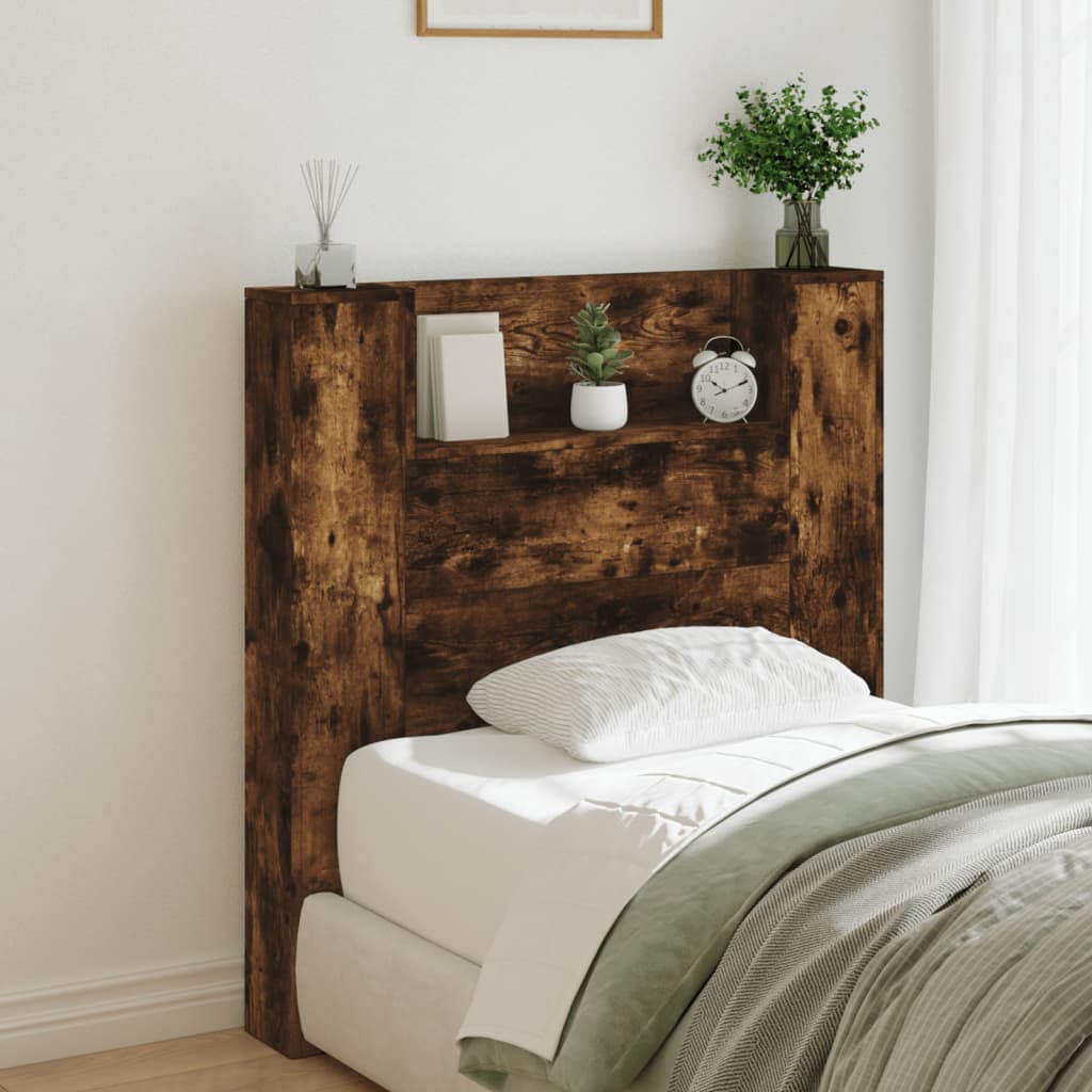 Headboard Cabinet with LED Smoked Oak 100x16.5x103.5 cm