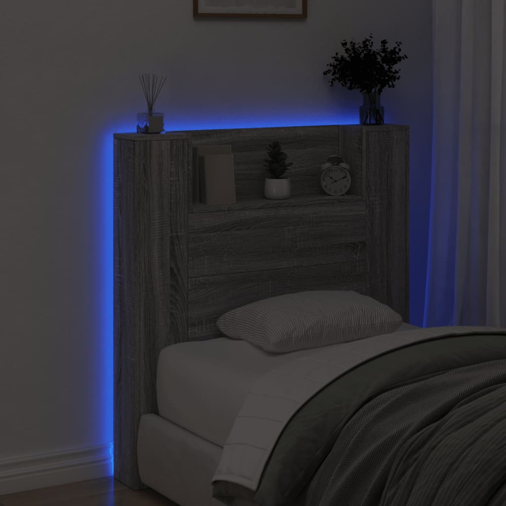 Headboard Cabinet with LED Grey Sonoma 100x16.5x103.5 cm