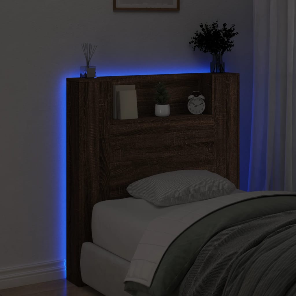 Headboard Cabinet with LED Brown Oak 100x16.5x103.5 cm