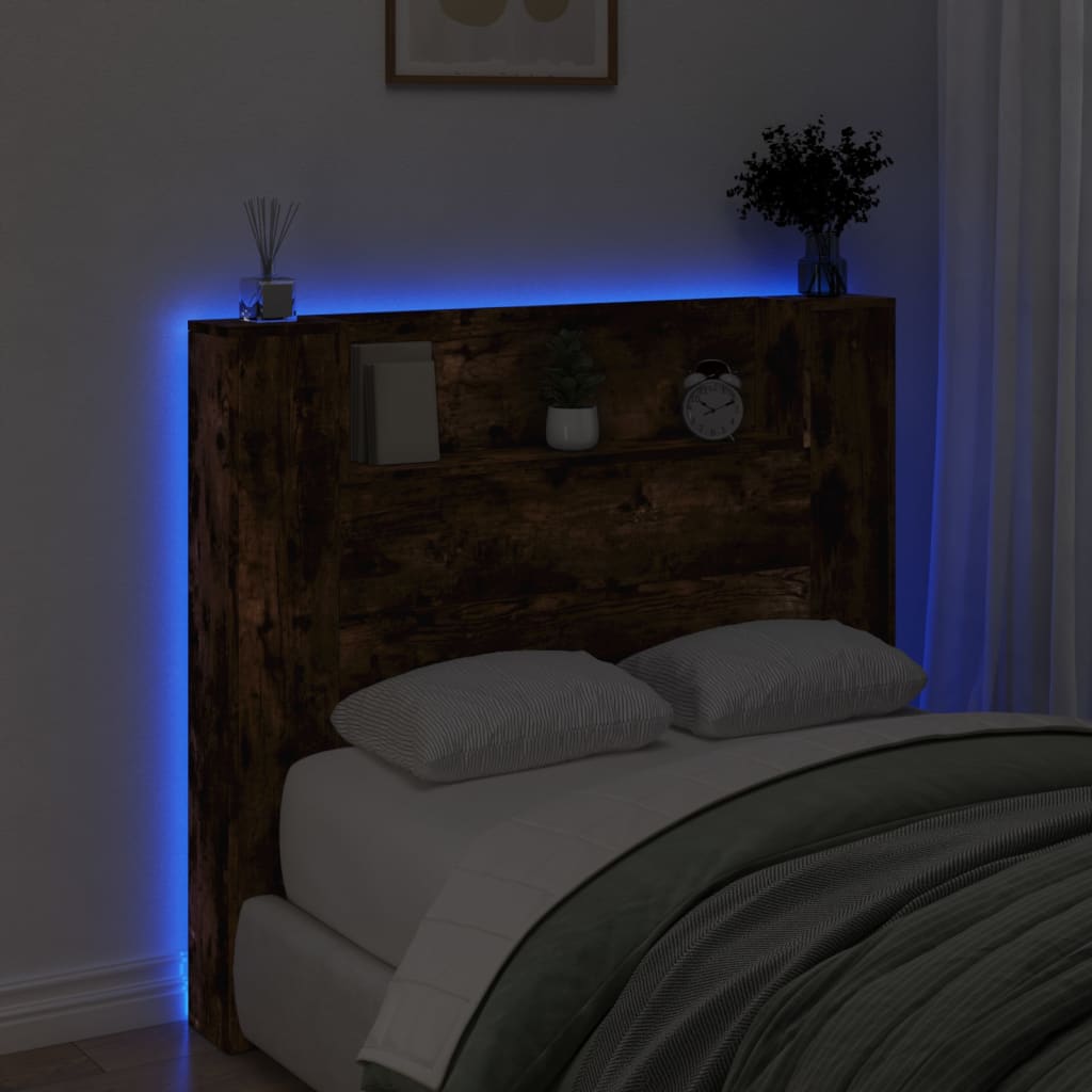 Headboard Cabinet with LED Smoked Oak 120x16.5x103.5 cm