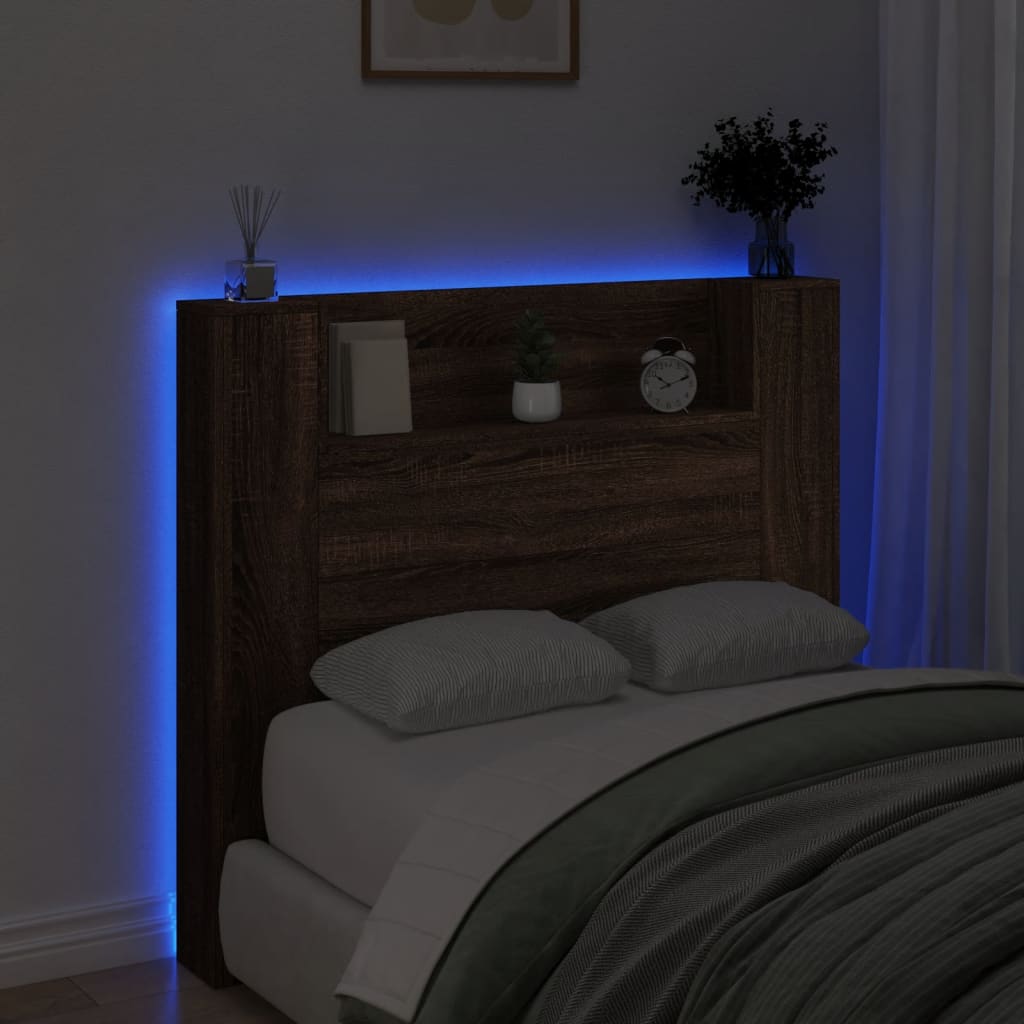 Headboard Cabinet with LED Brown Oak 120x16.5x103.5 cm