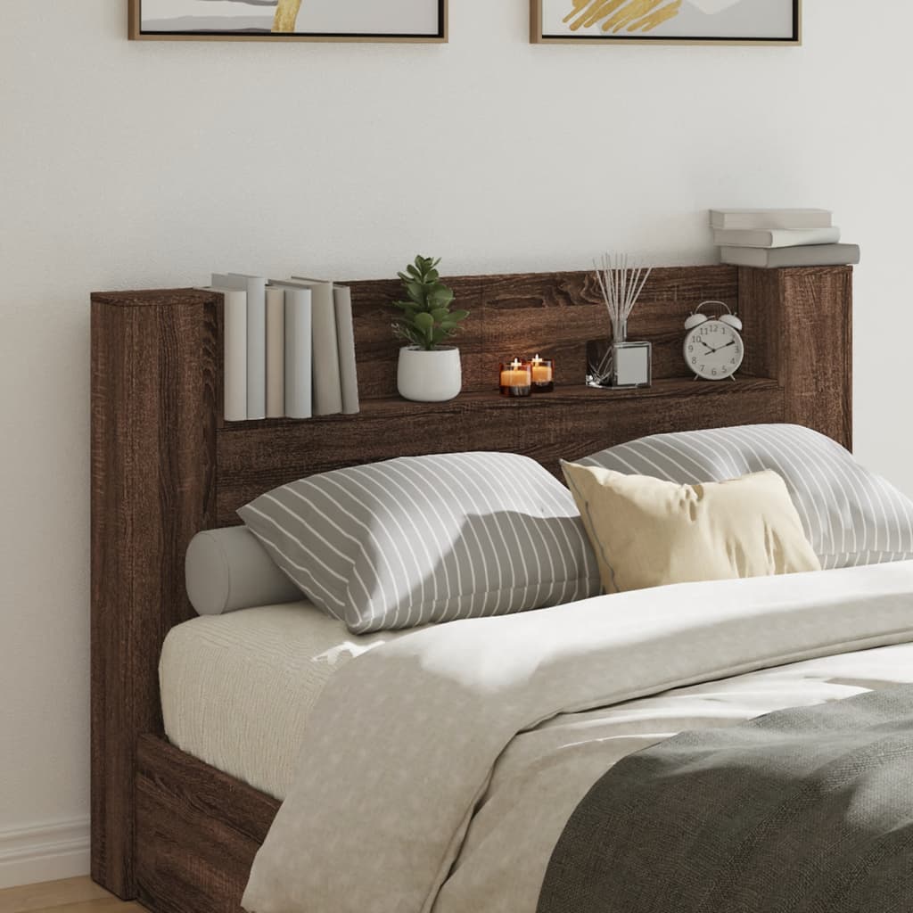 Headboard Cabinet with LED Brown Oak 160x16.5x103.5 cm