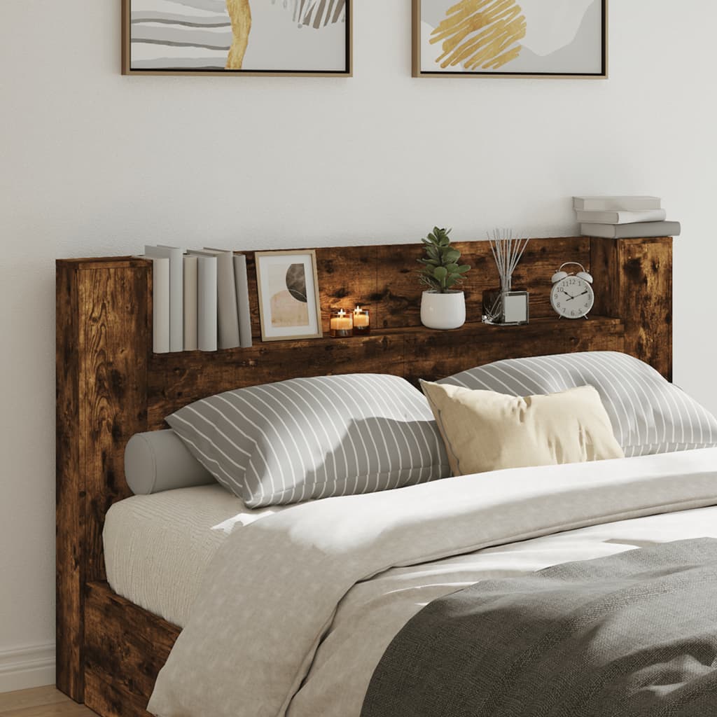 Headboard Cabinet with LED Smoked Oak 180x16.5x103.5 cm