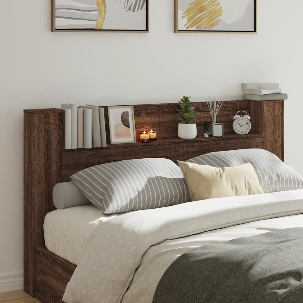 Headboard Cabinet with LED Brown Oak 180x16.5x103.5 cm