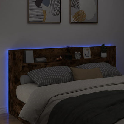 Headboard Cabinet with LED Smoked Oak 220x16.5x103.5 cm