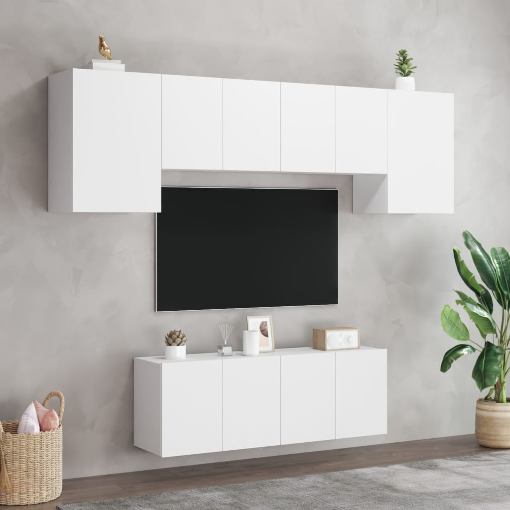 6 Piece TV Wall Units White Engineered Wood