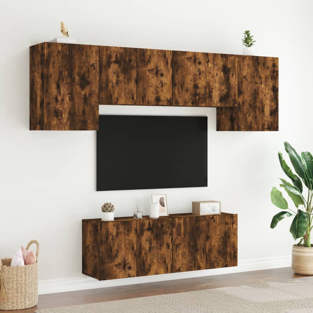 6 Piece TV Wall Units Smoked Oak Engineered Wood