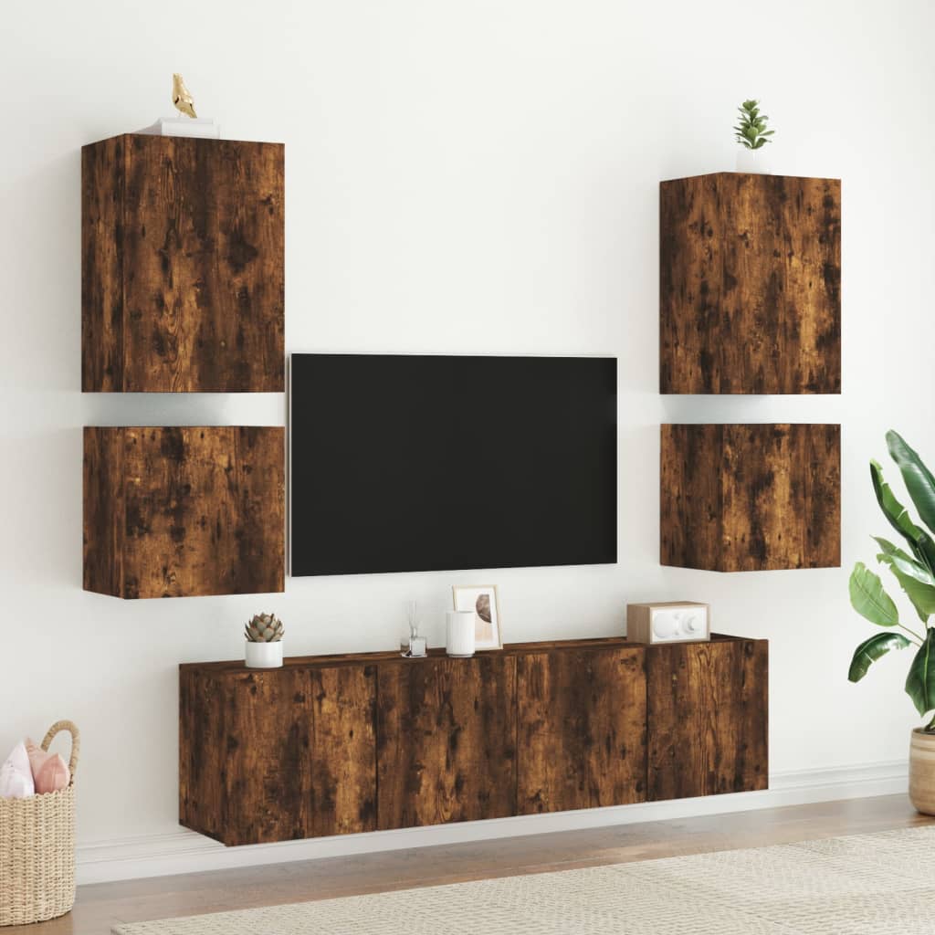 6 Piece TV Wall Units Smoked Oak Engineered Wood