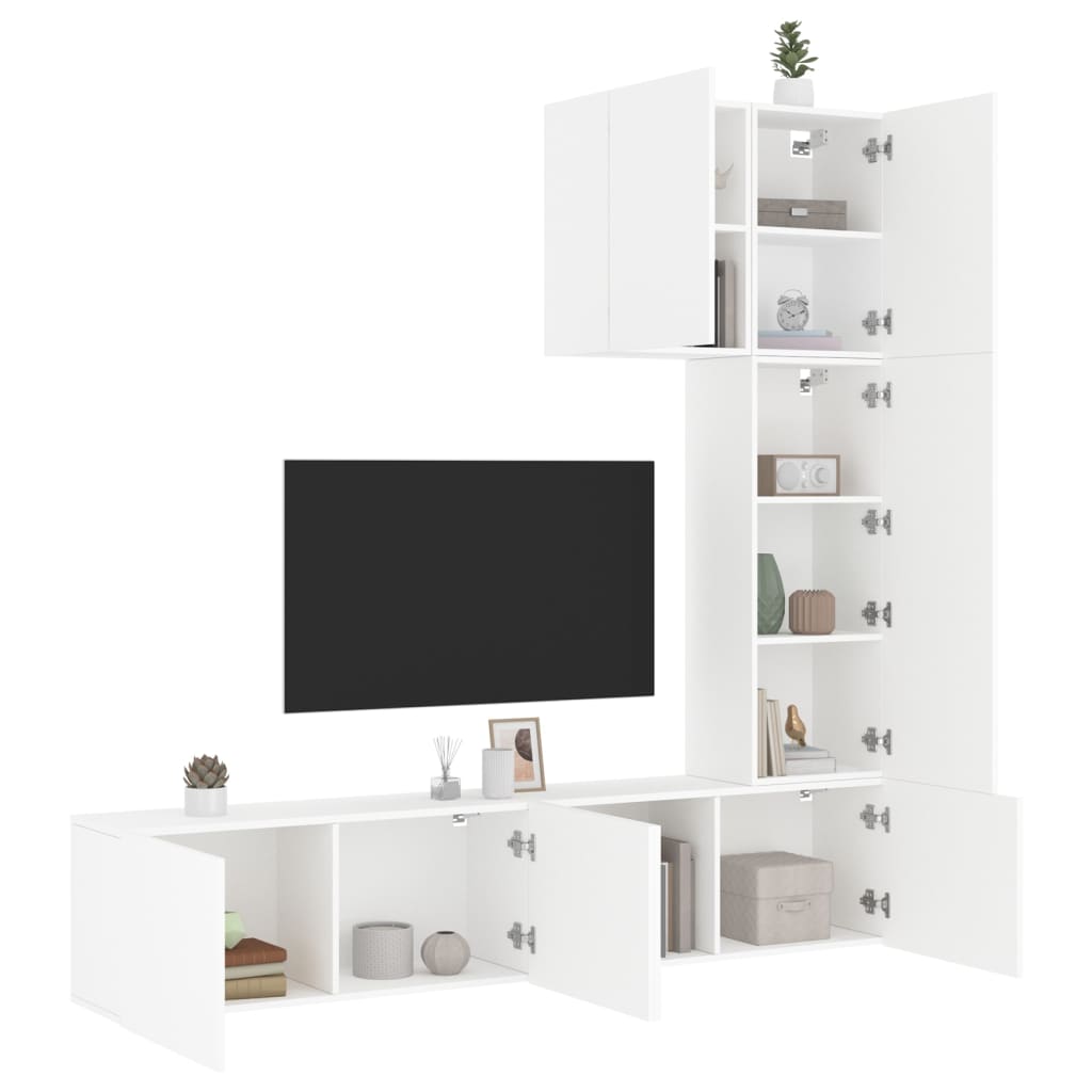 5 Piece TV Wall Units White Engineered Wood