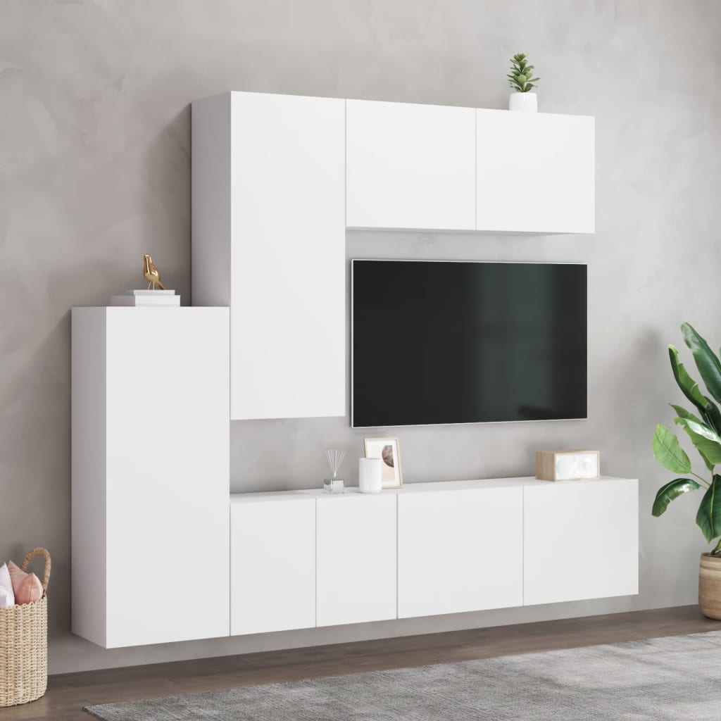 5 Piece TV Wall Units White Engineered Wood