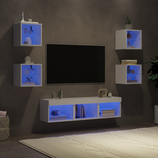 7 Piece TV Wall Units with LED White Engineered Wood