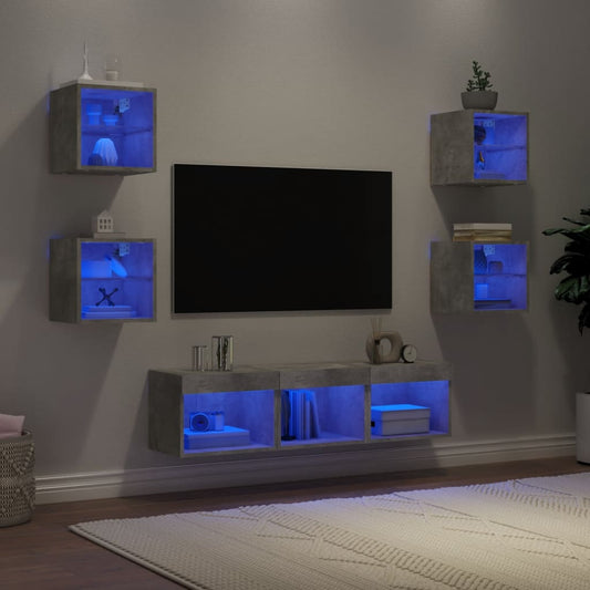 7 Piece TV Wall Units with LED Concrete Grey Engineered Wood